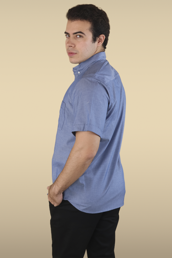 Camisa Manga Corta Azul Jaspe Slim Fit Con Bolsa Semi Oculta Para Hombre